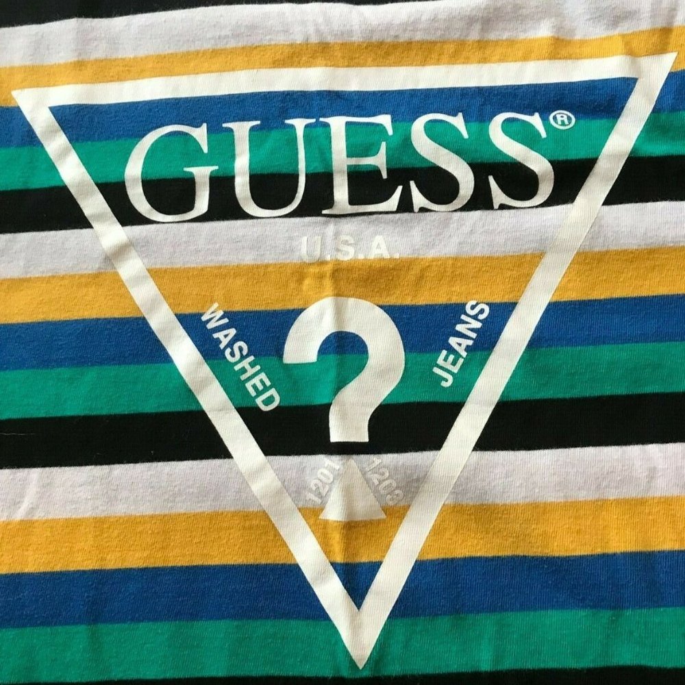 Vintage Retro GUESS USA ORIGINALS Striped Spell Out Screen Print T Shirt Medium